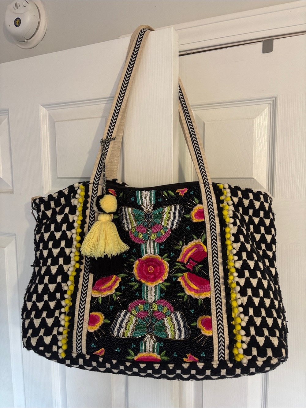 America and Beyond Butterfly Floral Tote with Yellow Tassel